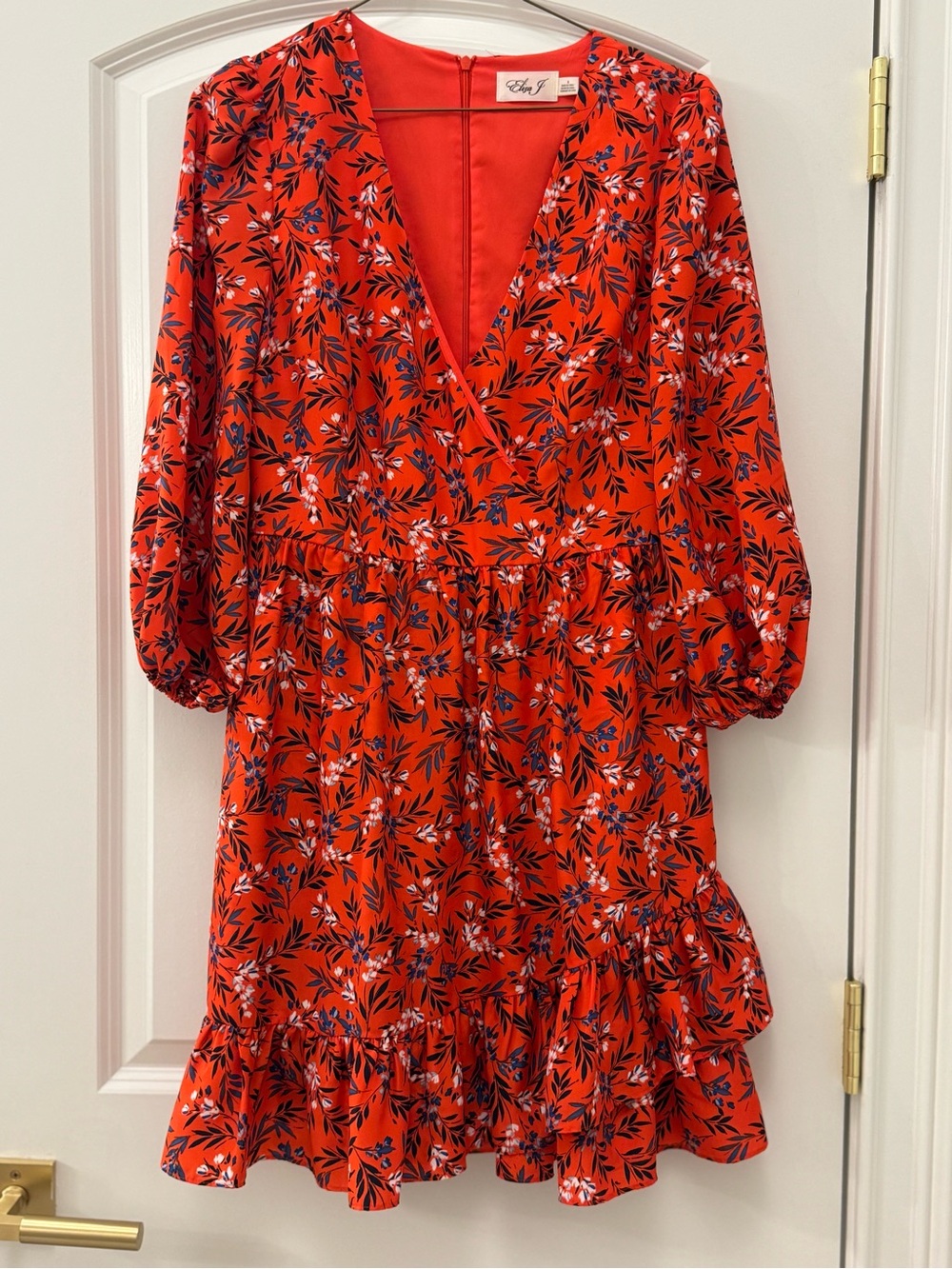 Eliza J Red Floral V‑Neck Wrap Mini Dress